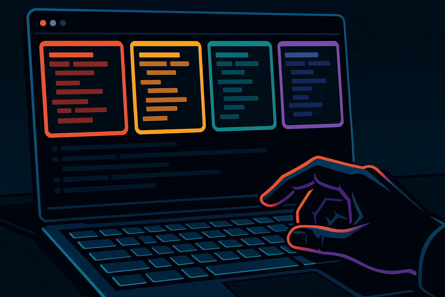 A dark terminal window showing several glowing session tabs arranged in a row, each one a distinct thread of light, a hand poised over the keyboard about to switch between them