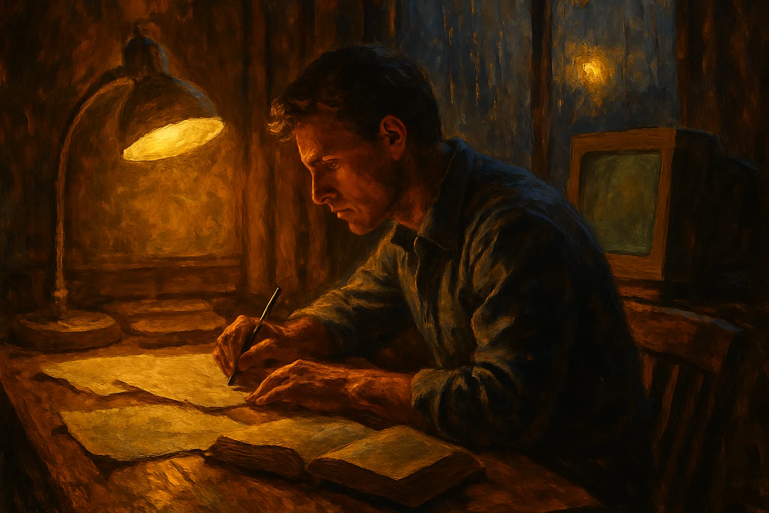 A figure at a desk, handwritten notes spread out beside a glowing terminal, late-night window behind them, golden lamplight