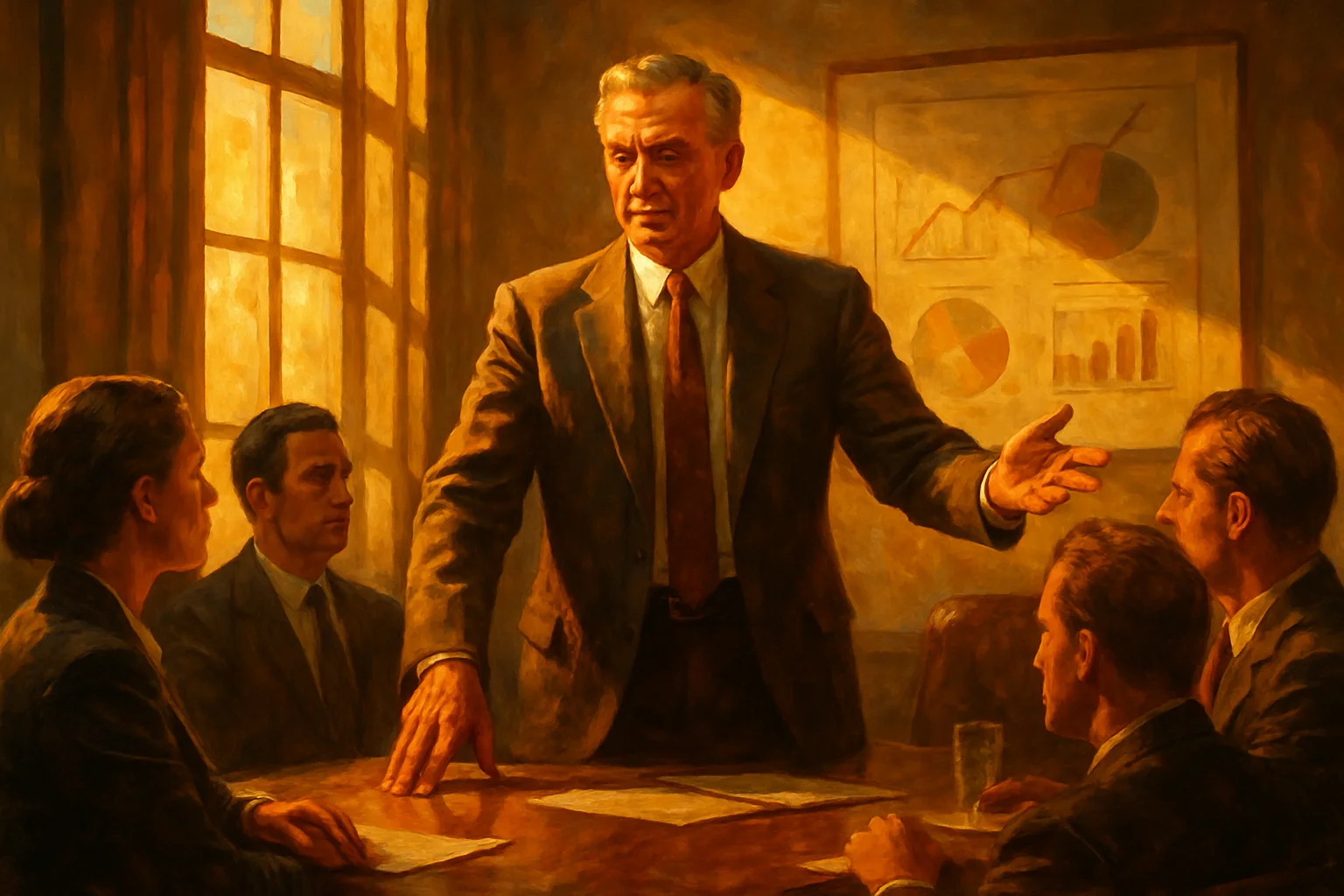A confident professional commanding a boardroom — the person who can hold the room without any tools