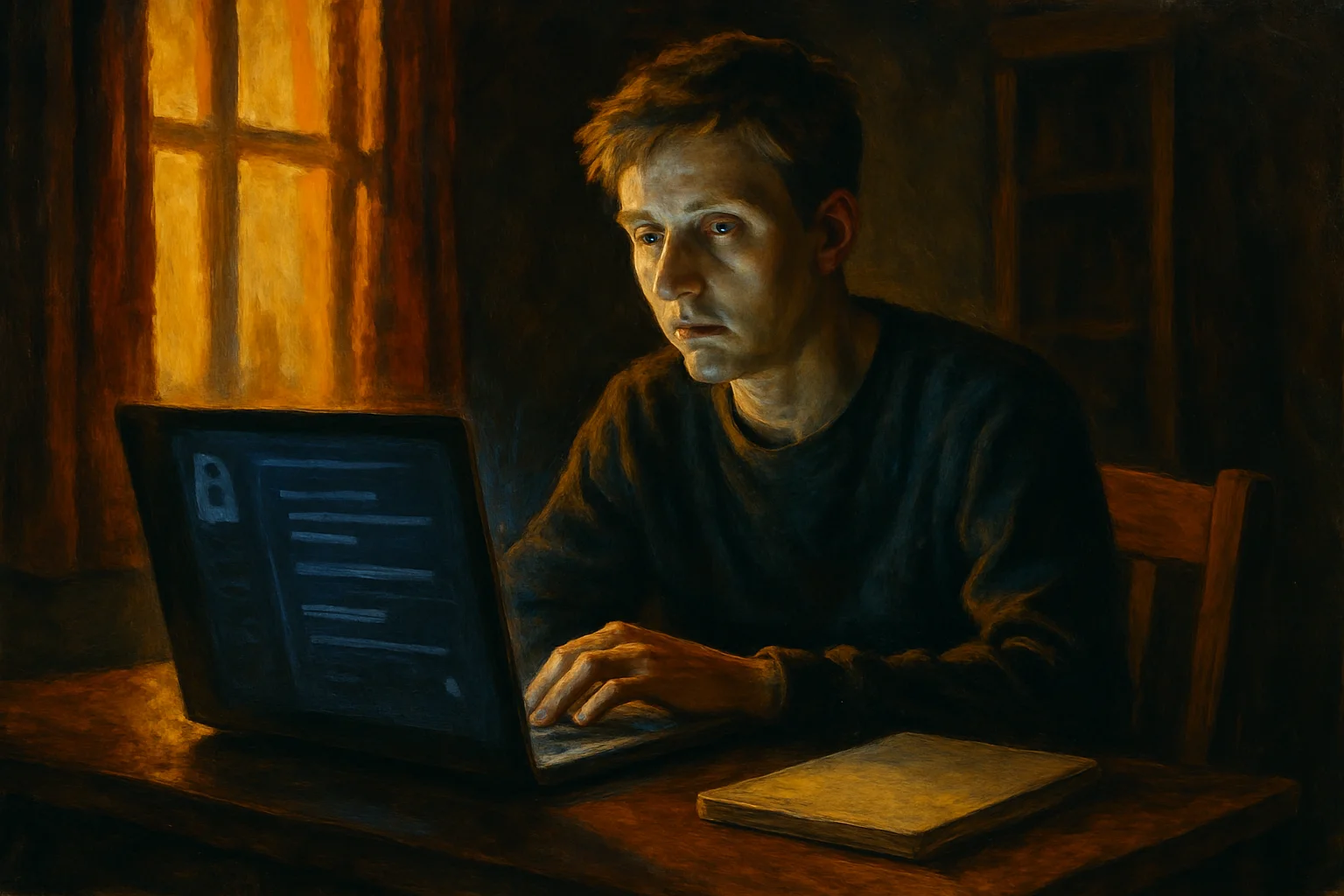 A student staring blankly at an AI chat interface, no notes, no books open — borrowed competence, nothing retained