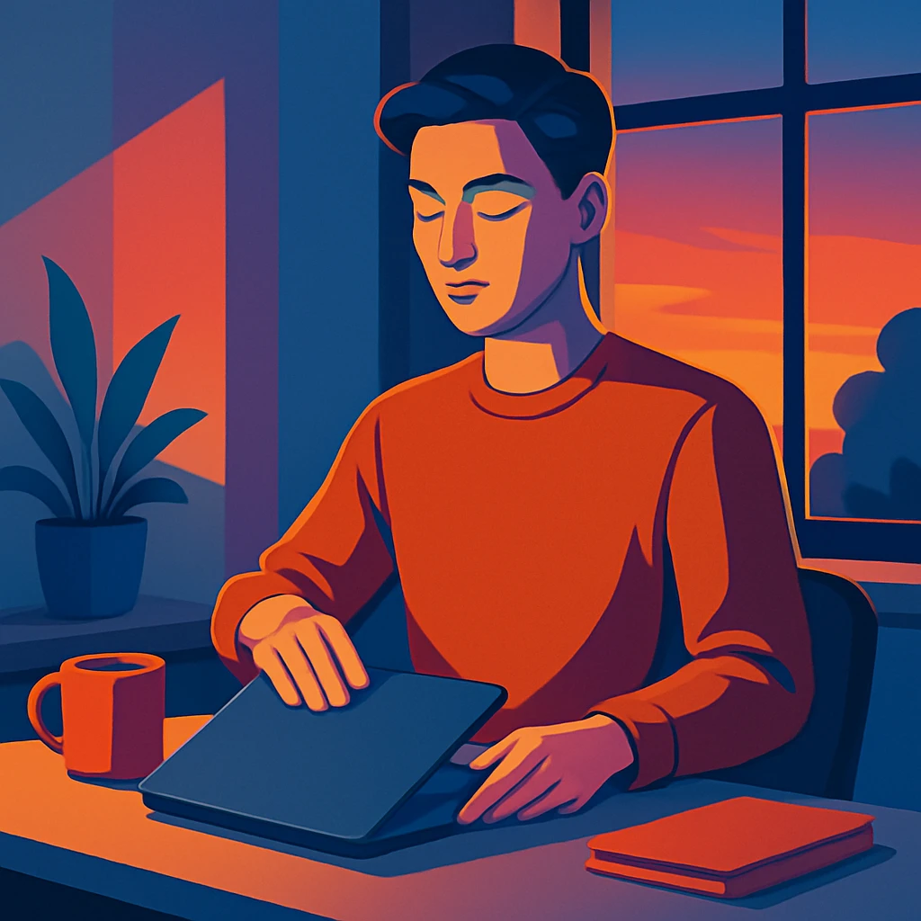 A person calmly closing a laptop at a clean modern desk at dusk, self-possessed and unhurried