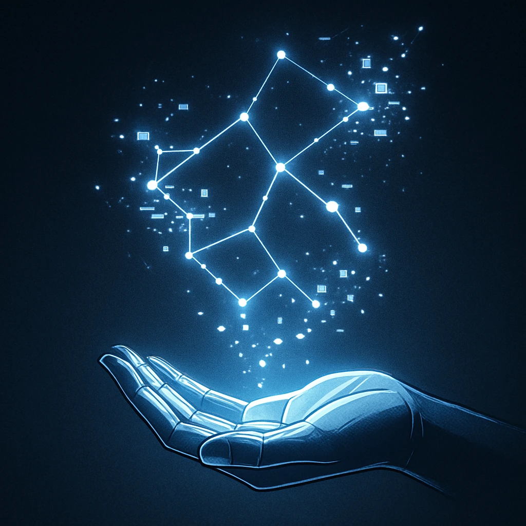 Fragments of glowing text and data assembling into a luminous constellation above an open hand, then dissolving at the edges