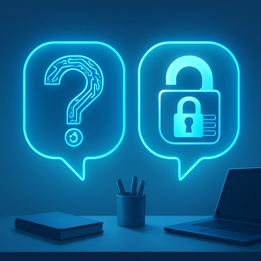 Two glowing translucent speech bubbles floating side by side, one shaped from circuit lines, the other from a padlock and server-rack silhouette
