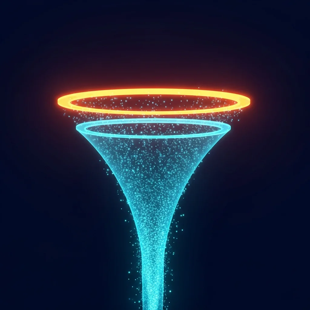 A wide funnel of cyan light opening upward, densely packed with small glowing particles, with a separate bright orange ring of light hovering above the funnel's rim, a clear gap of dark space between them