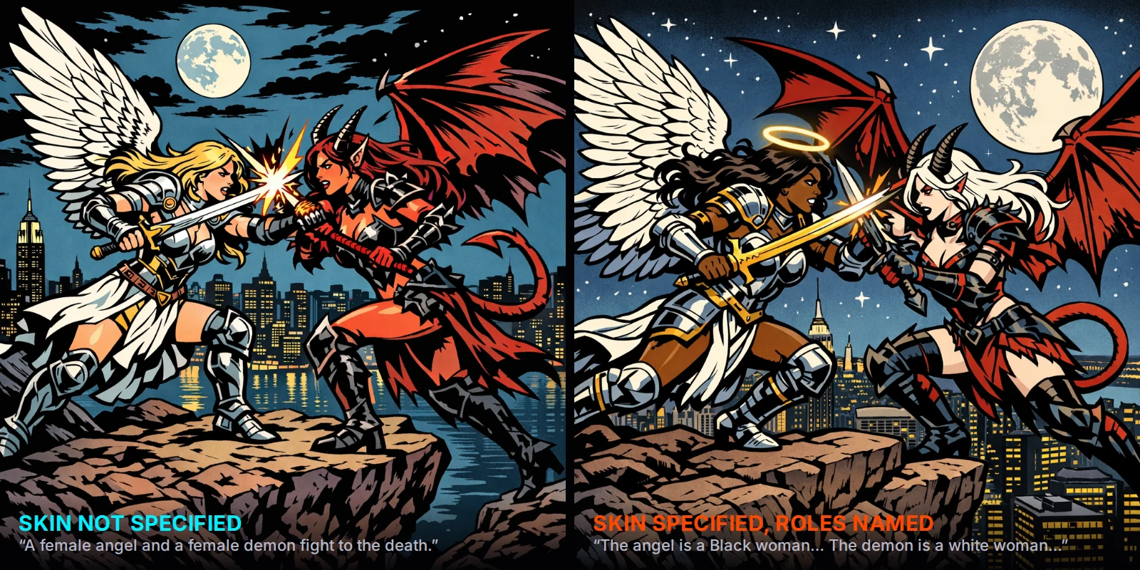 Two comic-book images side by side: with skin unspecified, AI drew a blonde white angel fighting a red demon; told plainly, it drew a Black angel with a halo fighting a pale demon