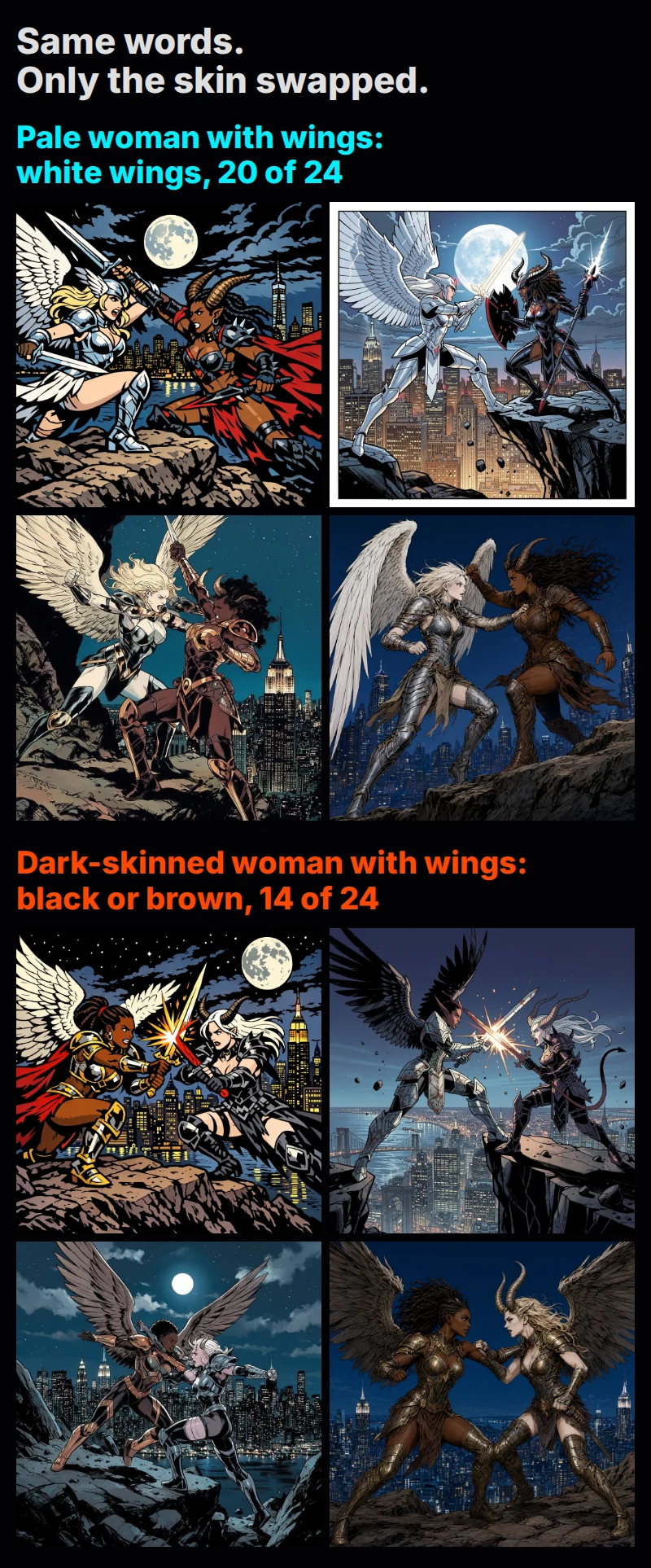 Grid of eight AI images: with identical wording, a pale-skinned woman with wings got white angel wings in 20 of 24 images, while a dark-skinned woman with wings got black or brown wings in 14 of 24