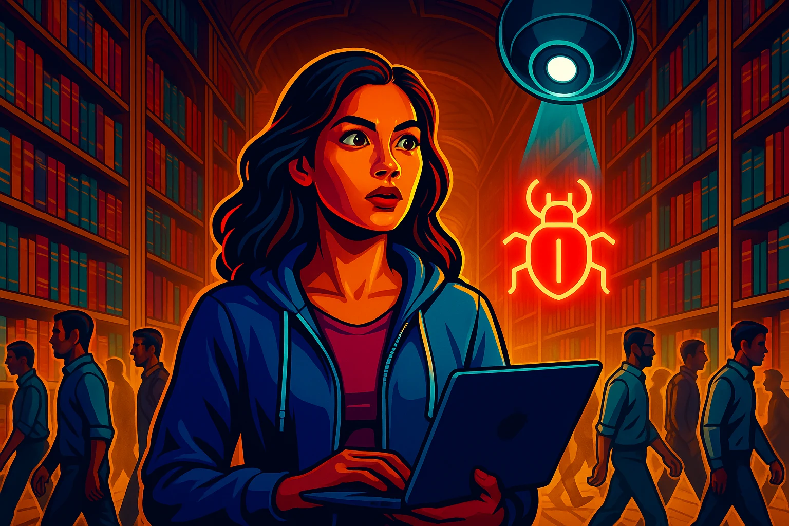 Ancient library with glowing bug symbol overlooked by passing developers but noticed by AI scanner