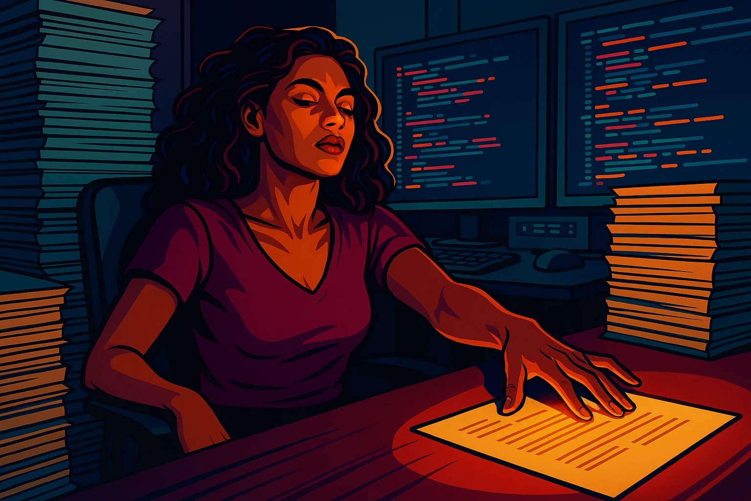 Exhausted developer surrounded by legacy code, reaching toward resume on desk