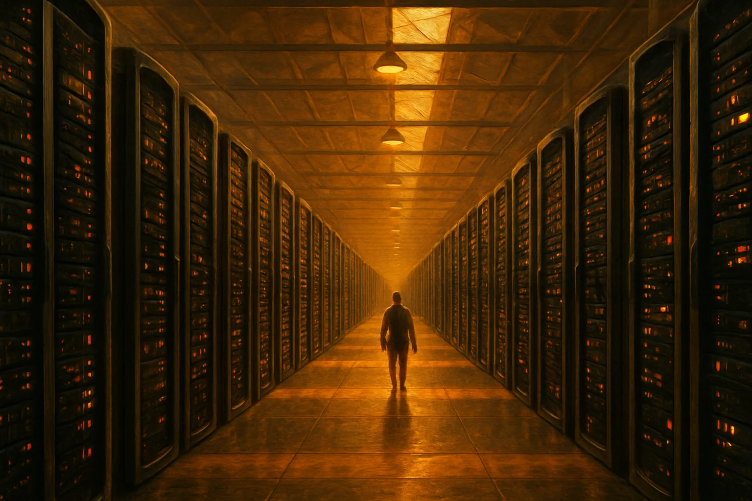 A vast server hall stretching to the horizon, warm industrial light on row after row of humming machines, the scale of the compute visible