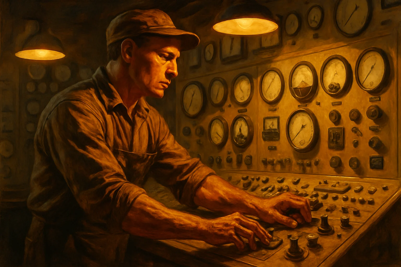 An engineer at a control panel covered in gauges and meters, golden industrial light, hands moving with practiced economy