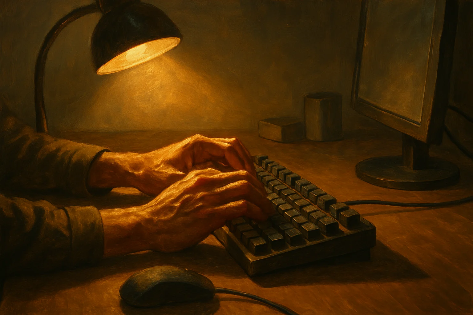 A close-up of hands at a keyboard, a single focused beam of light on the keys, the surrounding workspace spare and deliberate