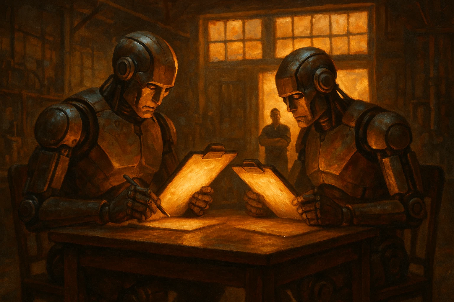 Two mechanical figures at adjacent desks reviewing each other's work, human watching from a doorway behind them