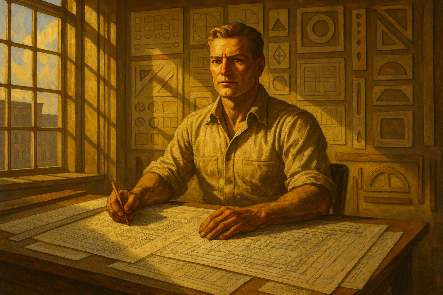 A craftsman at a drafting table surrounded by organized systems and blueprints, expression of calm mastery