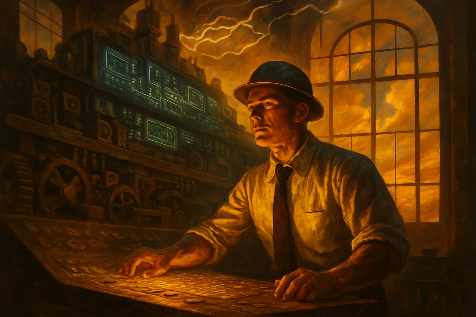 A lone engineer at a glowing control panel, three tiers of machinery rising behind them in the golden hour