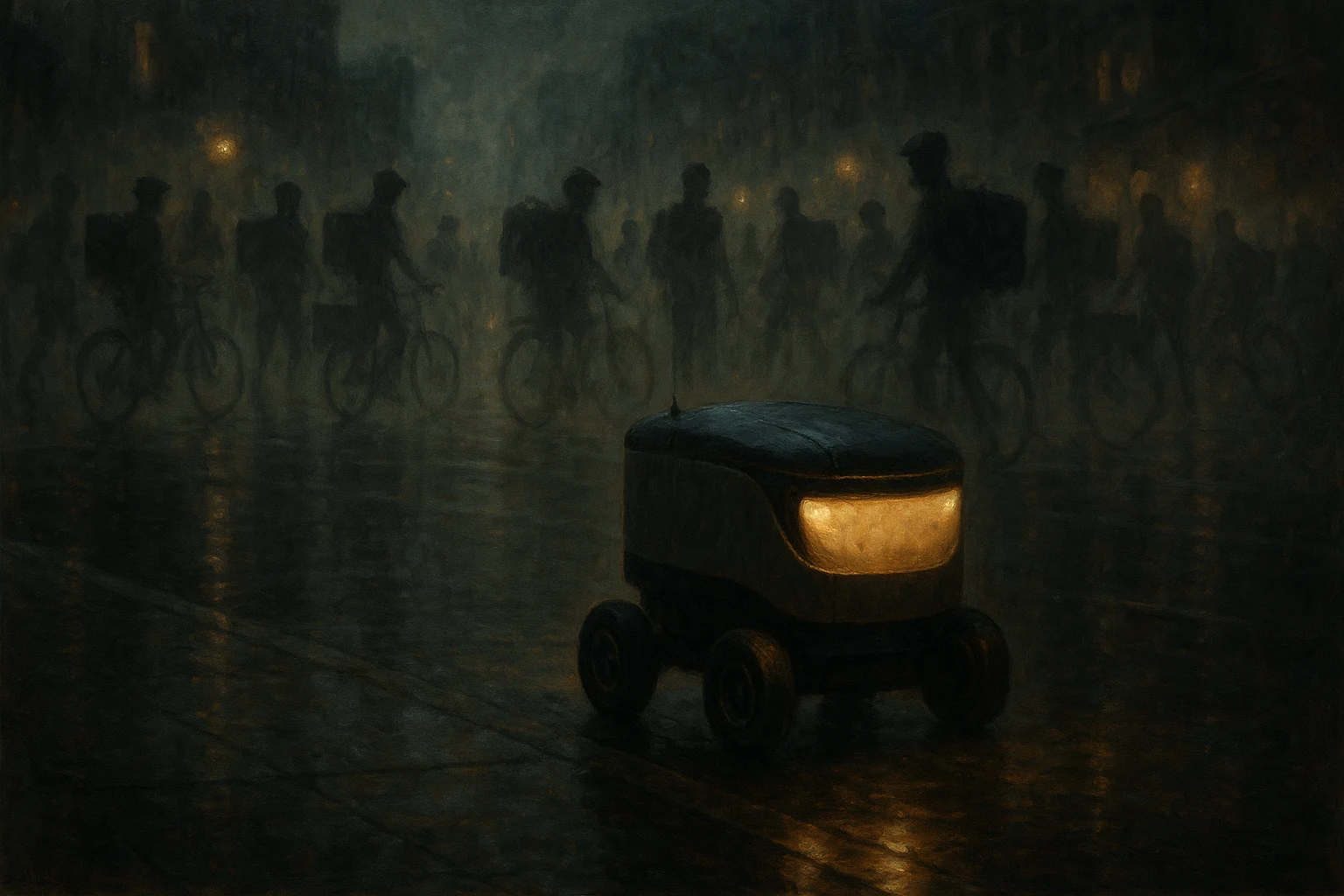 A delivery robot alone on a city sidewalk, the ghost outlines of gig workers fading behind it